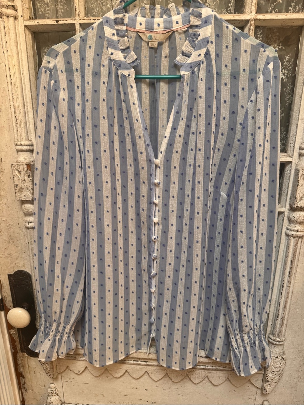 Boden Blue & White Striped Ruffle-Neck Button-Down Shirt